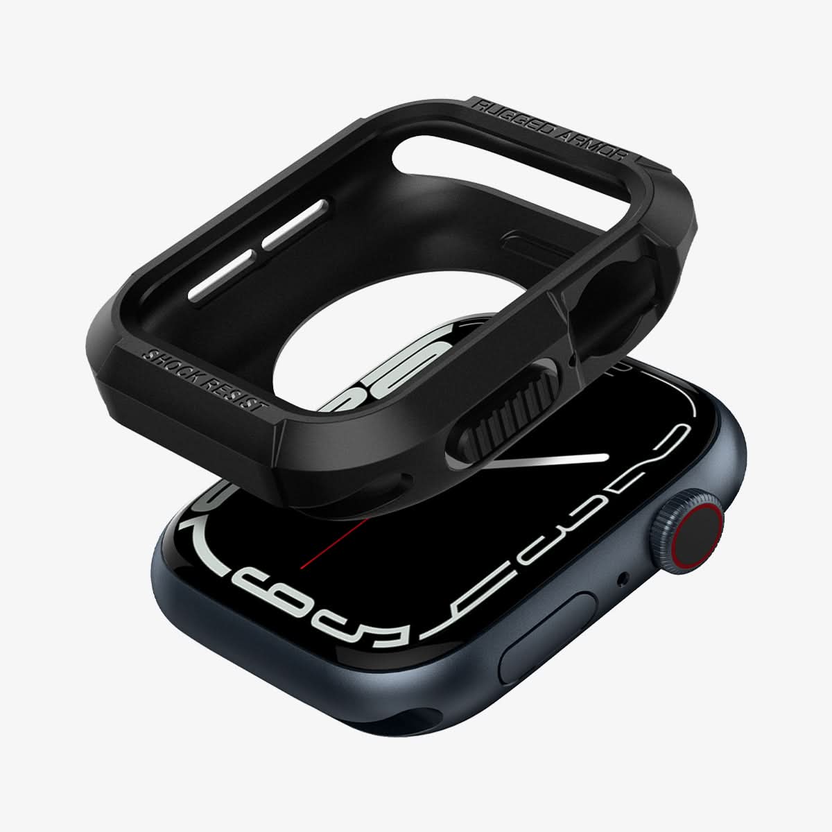 061CS24480 - Apple Watch Series (Apple Watch (41mm)) Case Rugged Armor in black showing the case hovering above the watch face