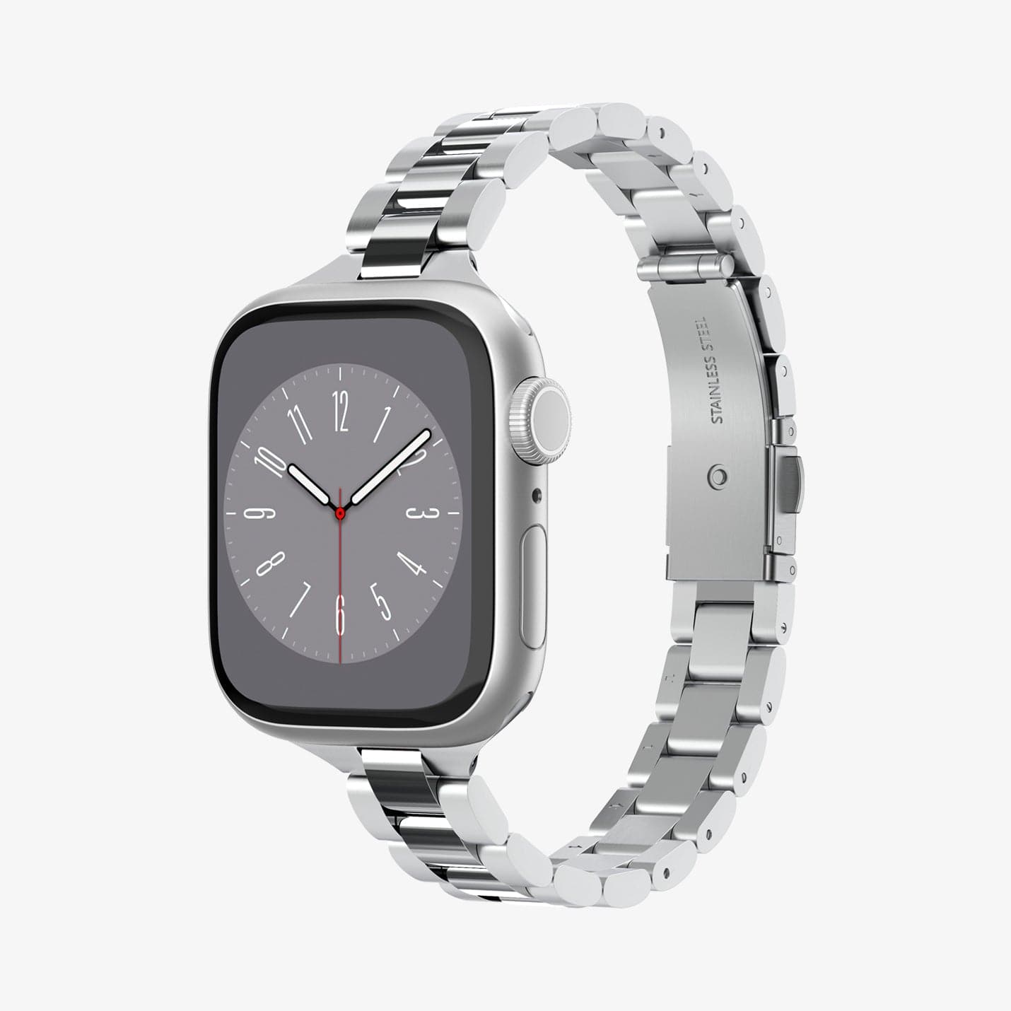 AMP06357 - Apple Watch (41mm) Modern Fit 316L Band in Silver showing the front and partial inside of band