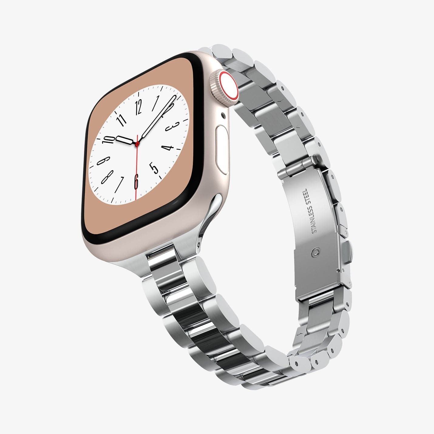 AMP06357 - Apple Watch (41mm) Modern Fit 316L Band in Silver showing the front, partial side and partial inner side of the watch strap