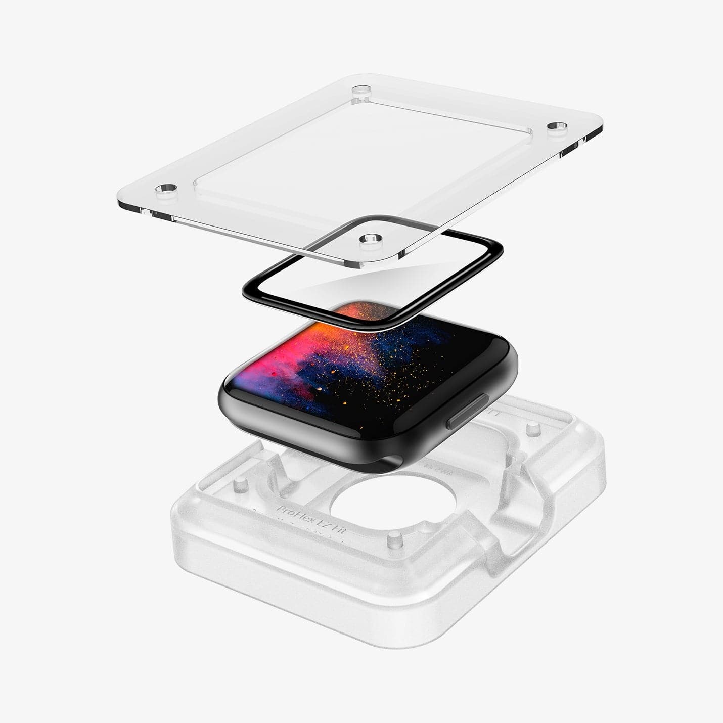 AFL00922 - Apple Watch (44mm) Screen Protector ProFlex EZ Fit in Clear showing the ez fit tray, watch face and screen protector