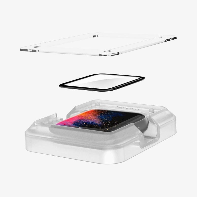 AFL00922 - Apple Watch (44mm) Screen Protector ProFlex EZ Fit in Clear showing the watch face installed in ez fit tray and screen protector hovering above