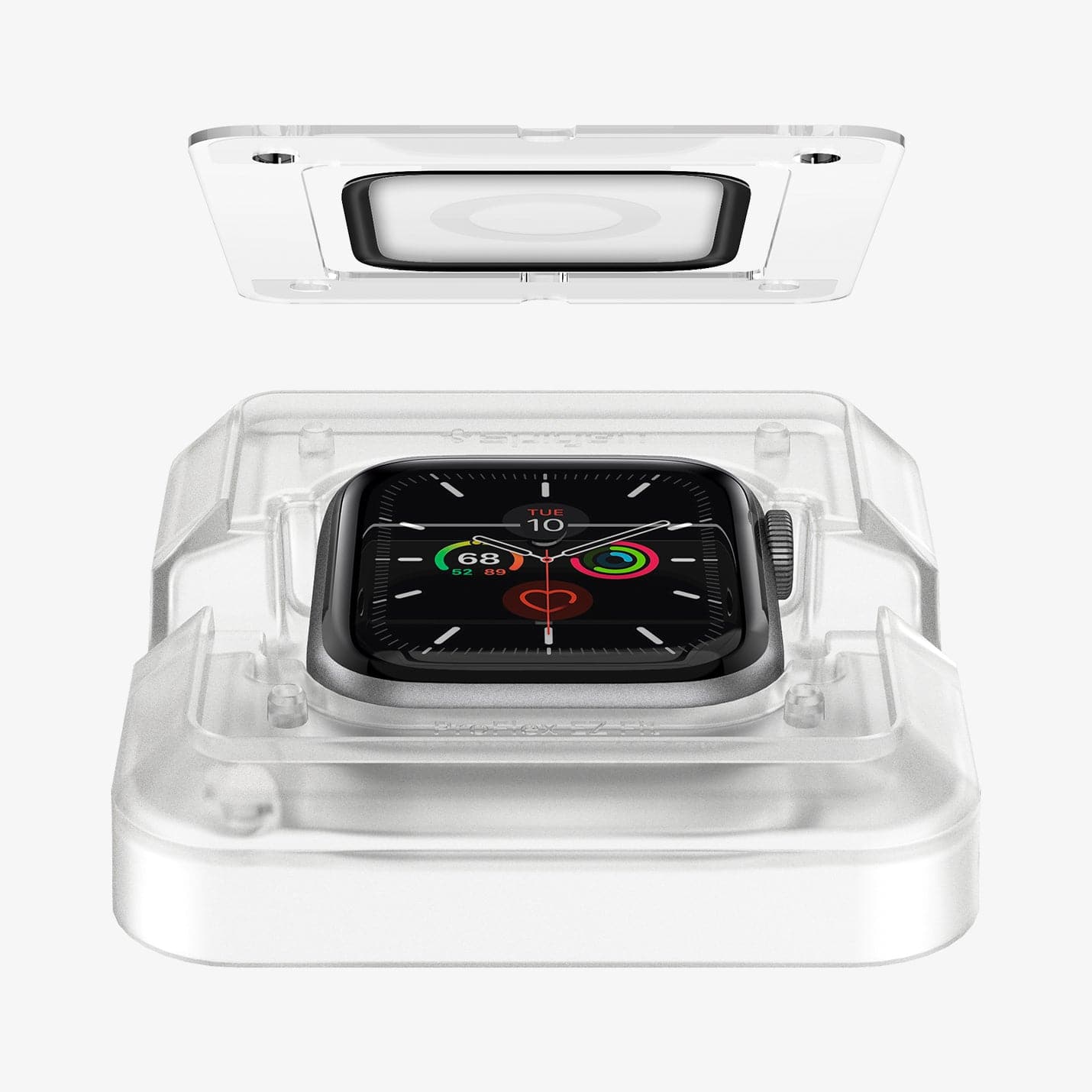 AFL00922 - Apple Watch (44mm) Screen Protector ProFlex EZ Fit in Clear showing the watch face installed in ez fit tray and screen protector hovering above