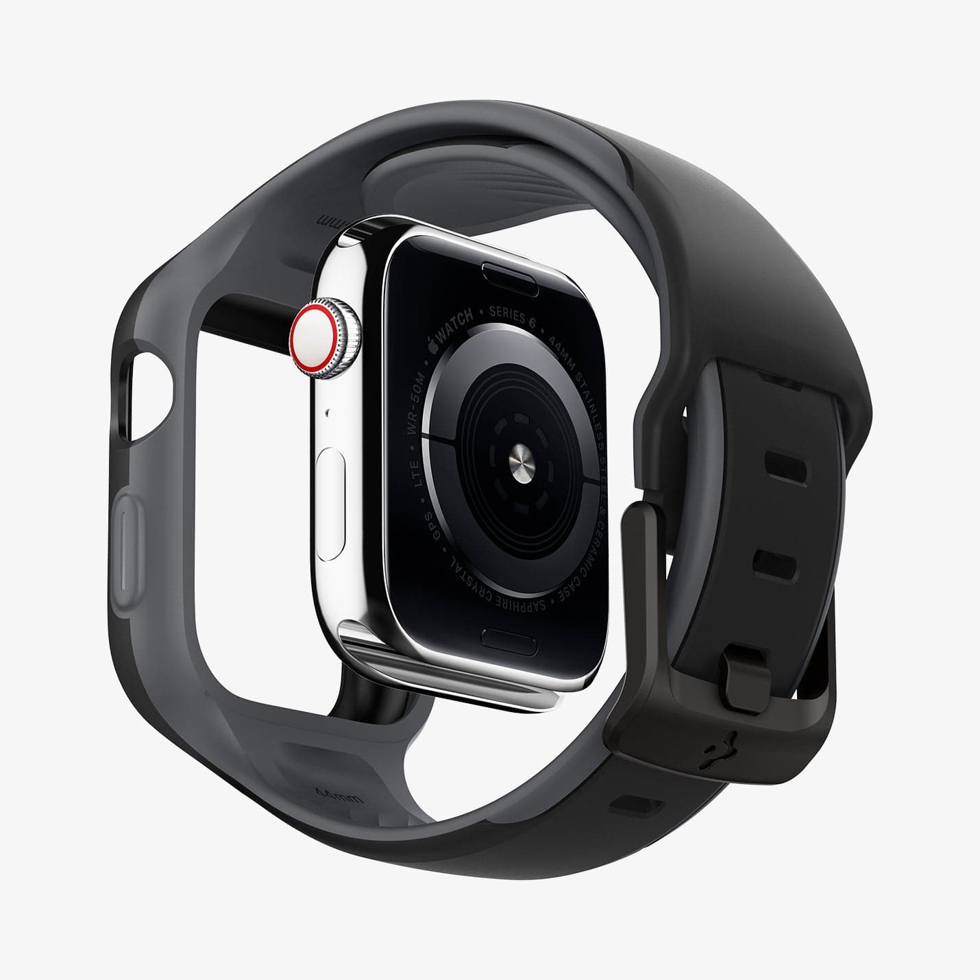 AMP02020 - Apple Watch (40mm) Liquid Air Pro in Black showing the detached back of the watch face hovering under the watch band case showing side, partial inner and bottom