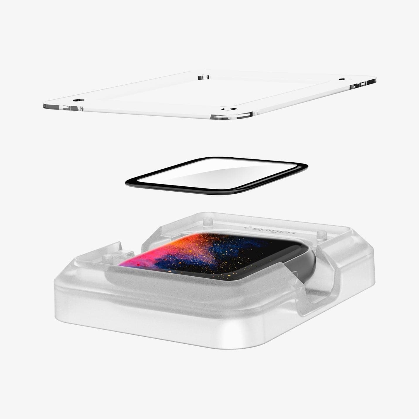 AFL00921 - Apple Watch (40mm) Screen Protector ProFlex EZ Fit in Clear showing the watch face installed in ez fit tray and screen protector hovering above