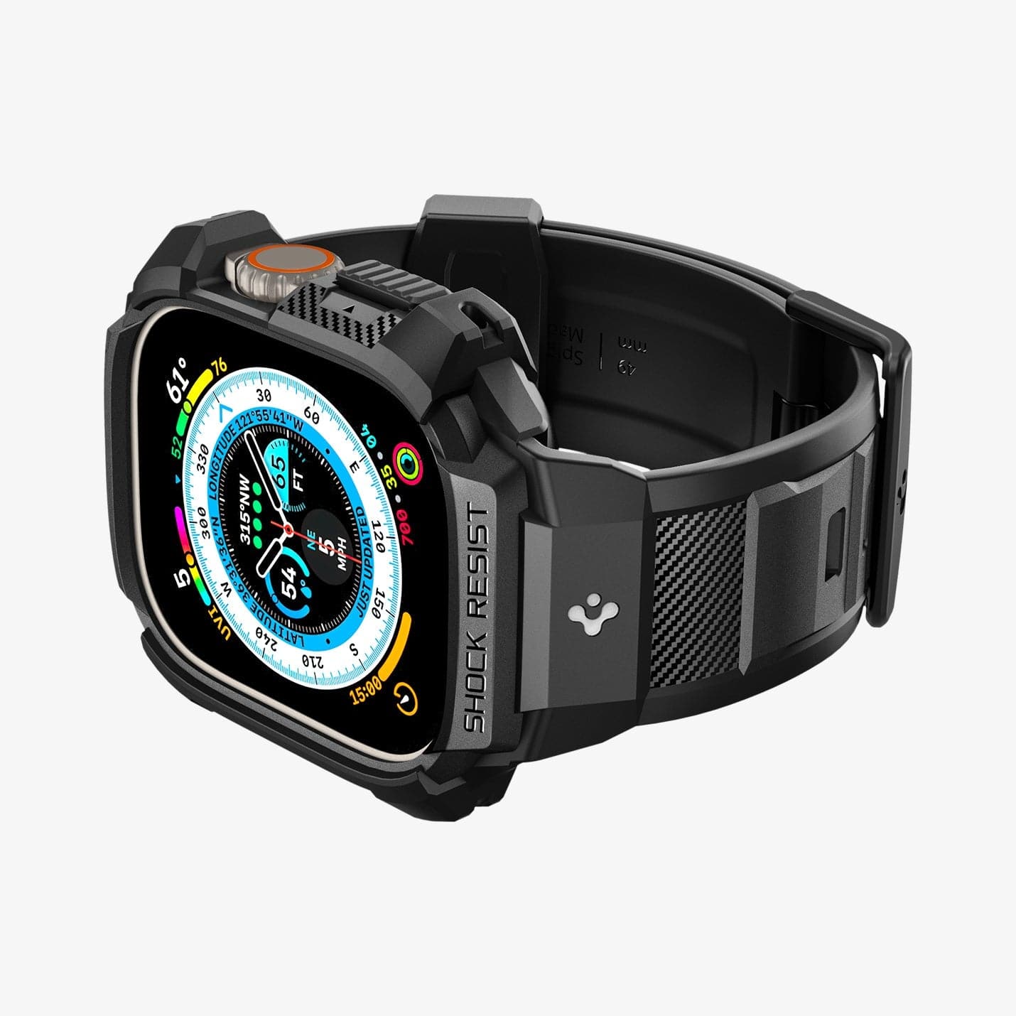 ACS05460 - Apple Watch Series (Apple Watch (49mm)) in matte black showing the front, bottom and inside of band