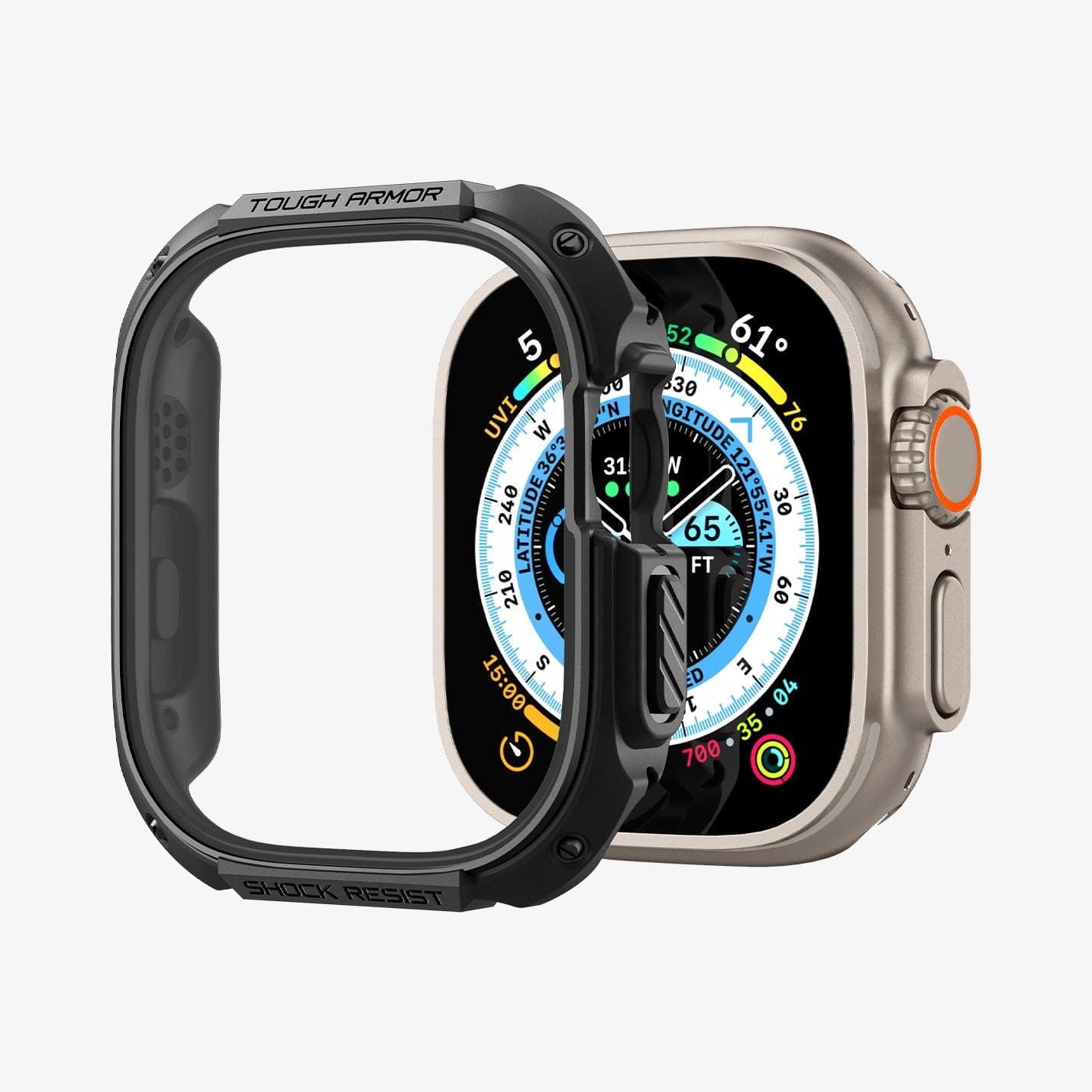 ACS05457 - Apple Watch Ultra (Apple Watch (49mm)) Case Tough Armor in black showing the case hovering in front of watch face