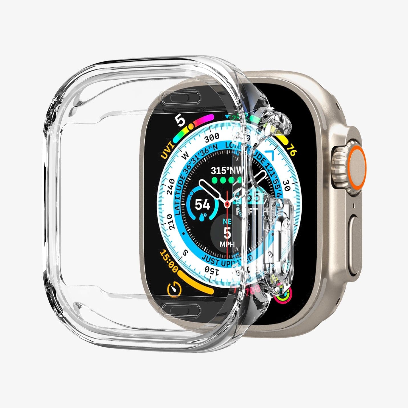 ACS05459 - Apple Watch Ultra (Apple Watch (49mm)) Case Ultra Hybrid in crystal clear showing the case hovering in front of watch face