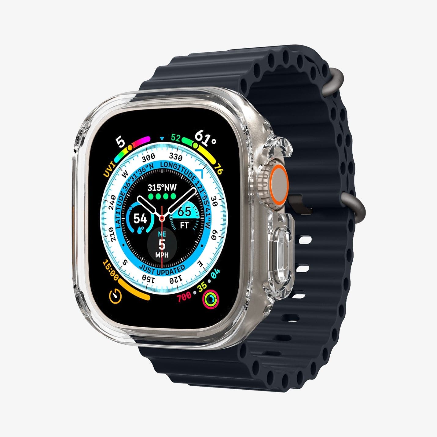 ACS05459 - Apple Watch Ultra (Apple Watch (49mm)) Case Ultra Hybrid in crystal clear showing the front and inside of band