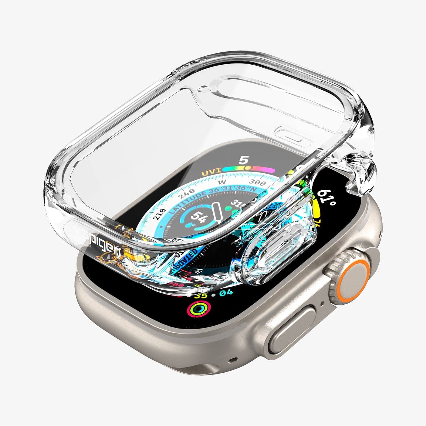 ACS05459 - Apple Watch Ultra (Apple Watch (49mm)) Case Ultra Hybrid in crystal clear showing the case hovering above the watch face