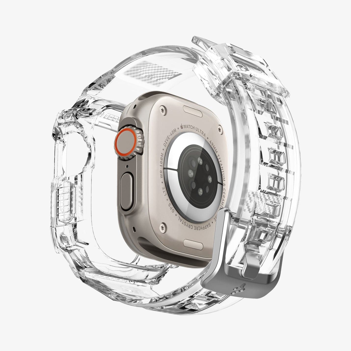 ACS05461 - Apple Watch Series (Apple Watch (49mm)) in crystal clear showing the back with watch face hovering away from band