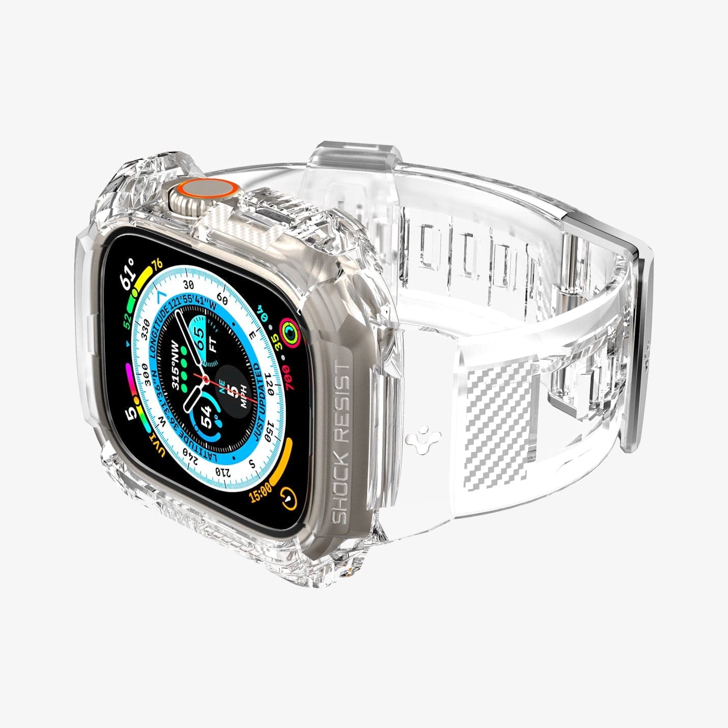 ACS05461 - Apple Watch Series (Apple Watch (49mm)) in crystal clear showing the front, bottom and inside of band