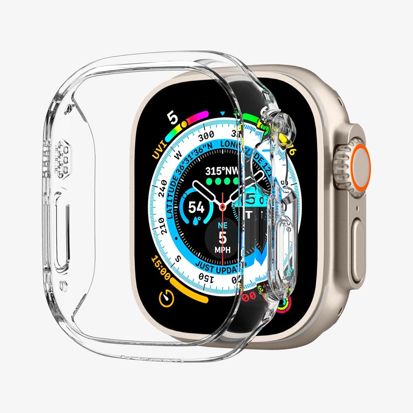 ACS05917 - Apple Watch Ultra (Apple Watch (49mm)) Case Thin Fit in crystal clear showing the case hovering in front of the watch face