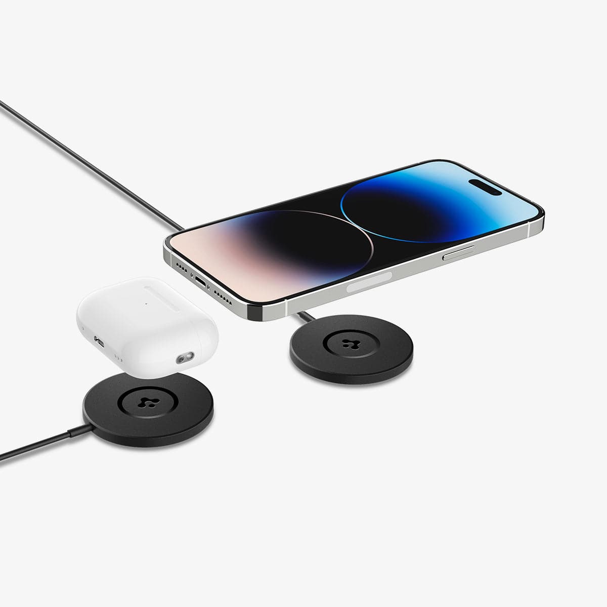 ACH04238 - ArcField™ Magnetic Wireless Charger PF2101 (MagFit) in black showing two chargers with a device hovering over one and AirPods hovering over the other
