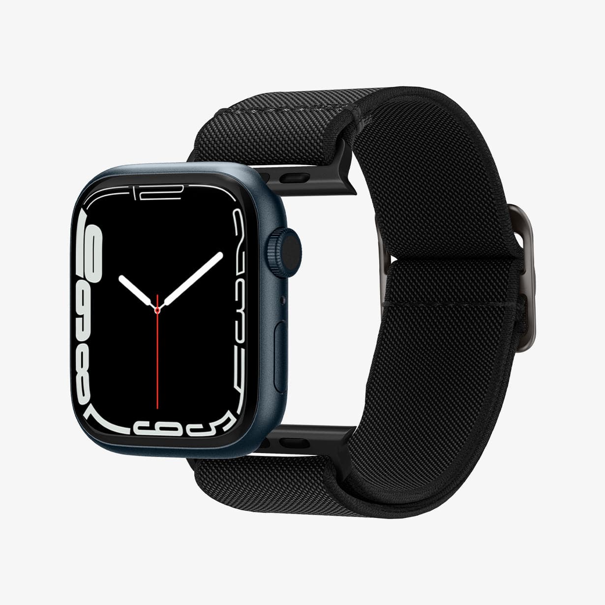AMP02286 - Apple Watch Series (Apple Watch (49mm)/Apple Watch (45mm)/Apple Watch (42mm)) Watch Band Lite Fit in black showing the watch face hovering in front of watch band