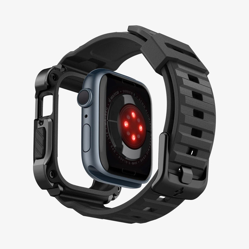 ACS05237 - Apple Watch Series (45mm) Case Tough Armor Pro Metal in black showing the back with watch face hovering away from band