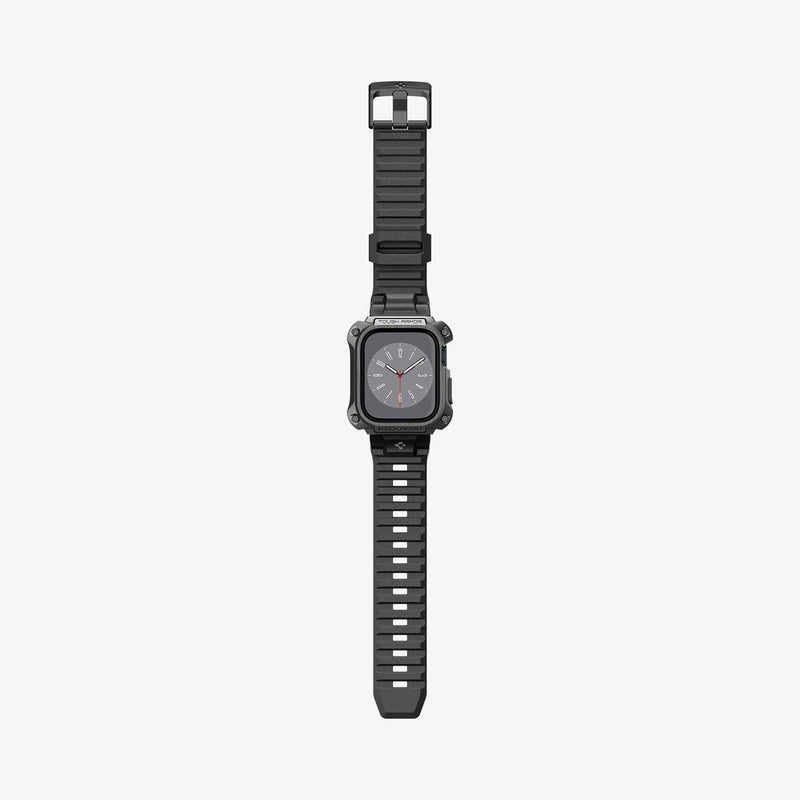 ACS05237 - Apple Watch Series (45mm) Case Tough Armor Pro Metal in black showing the front with watch band laid out flat
