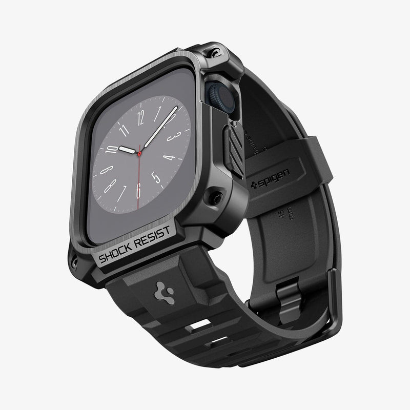ACS05237 - Apple Watch Series (45mm) Case Tough Armor Pro Metal in black showing the front, bottom and side