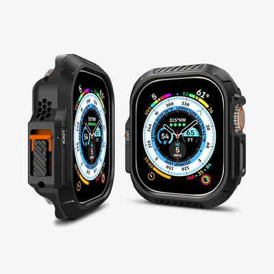 ACS06208 - Apple Watch (49mm) Lock Fit in Black showing the front and side of 2 watches face