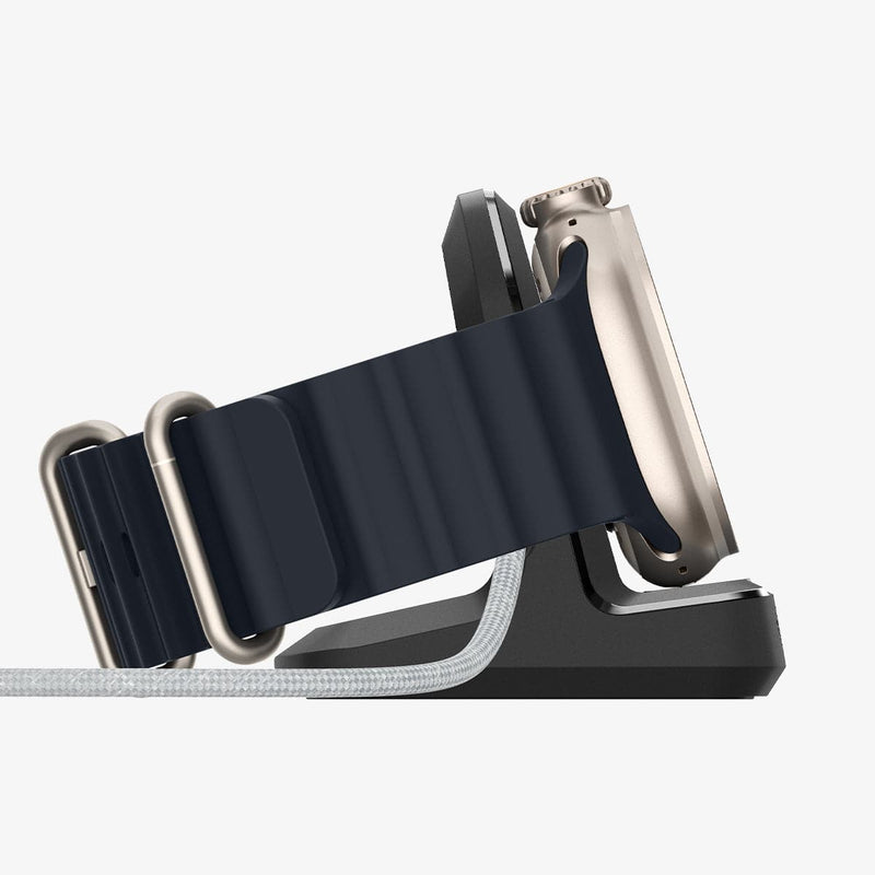 AMP05764 - Apple Watch Rugged Armor Stand in black showing the side with watch on stand