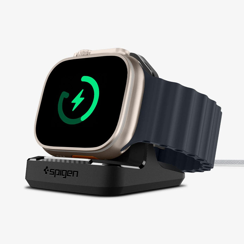 AMP05764 - Apple Watch Rugged Armor Stand in black showing the front and side with watch on stand