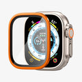 AGL06162 - Apple Watch Ultra (Apple Watch (49mm)) Screen Protector Glas.tR Slim Pro in orange showing the screen protector hovering in front of watch face