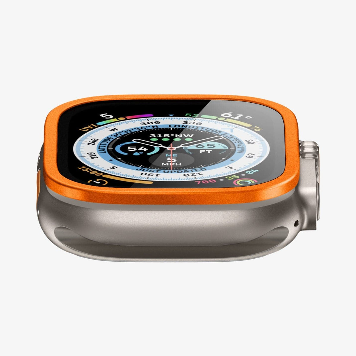 AGL06162 - Apple Watch Ultra (Apple Watch (49mm)) Screen Protector Glas.tR Slim Pro in orange showing the front and bottom of watch face