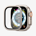 AGL06953  - Apple Watch Ultra (Apple Watch (49mm)) Screen Protector Glas.tR Slim Pro in titanium showing the screen protector hovering in front of watch face