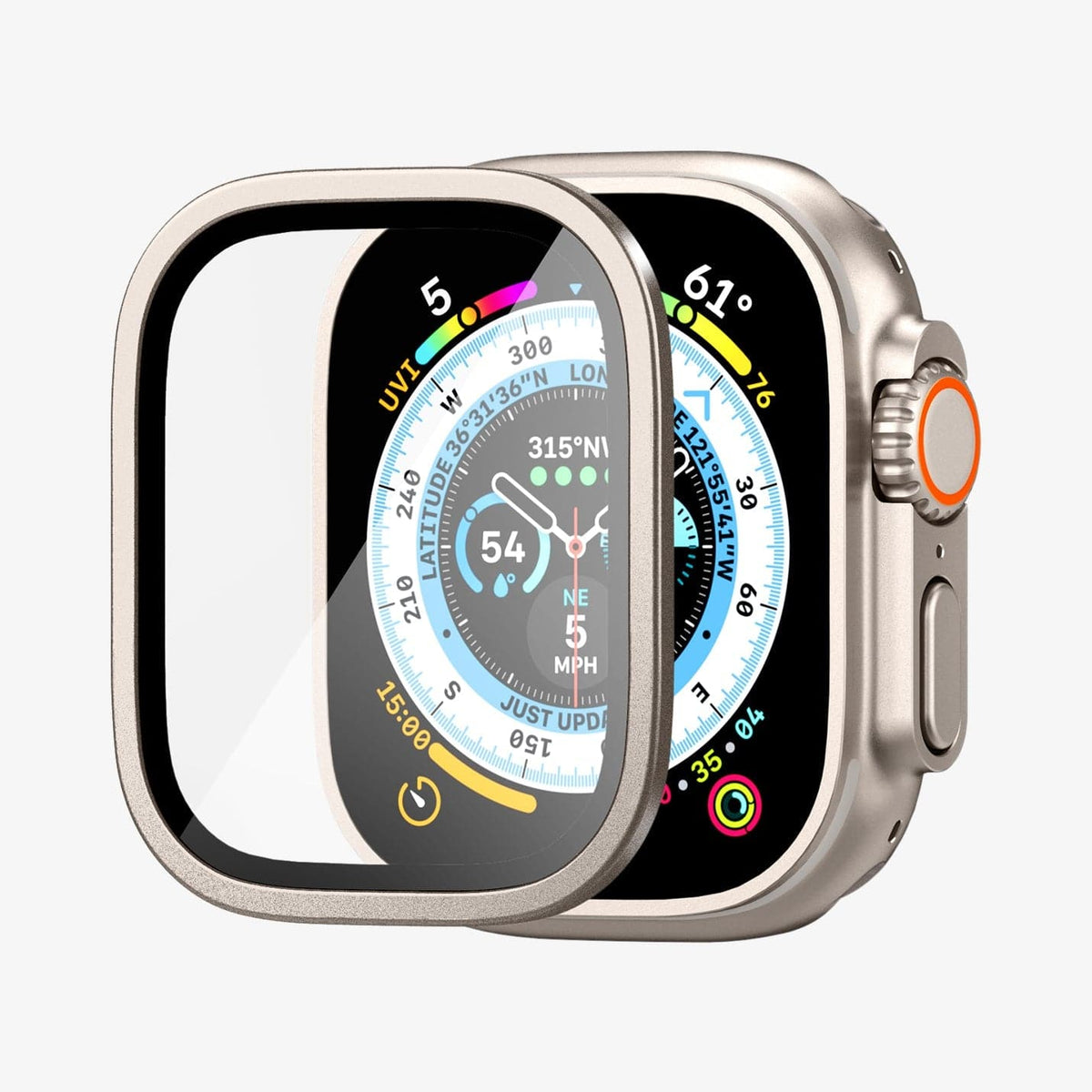 AGL06953  - Apple Watch Ultra (Apple Watch (49mm)) Screen Protector Glas.tR Slim Pro in titanium showing the screen protector hovering in front of watch face