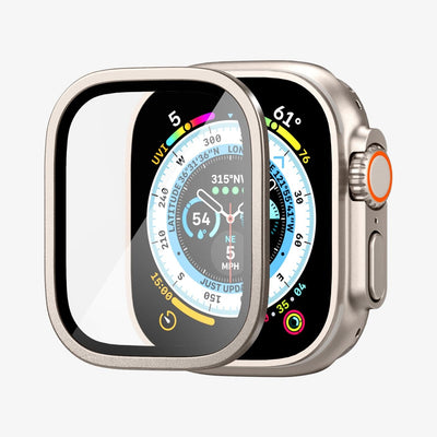 AGL06953  - Apple Watch Ultra (Apple Watch (49mm)) Screen Protector Glas.tR Slim Pro in titanium showing the screen protector hovering in front of watch face