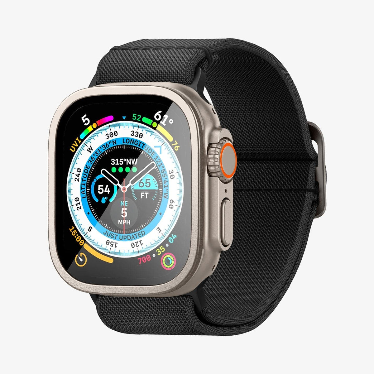 AGL06953  - Apple Watch Ultra (Apple Watch (49mm)) Screen Protector Glas.tR Slim Pro in titanium showing the front and partial inside of band
