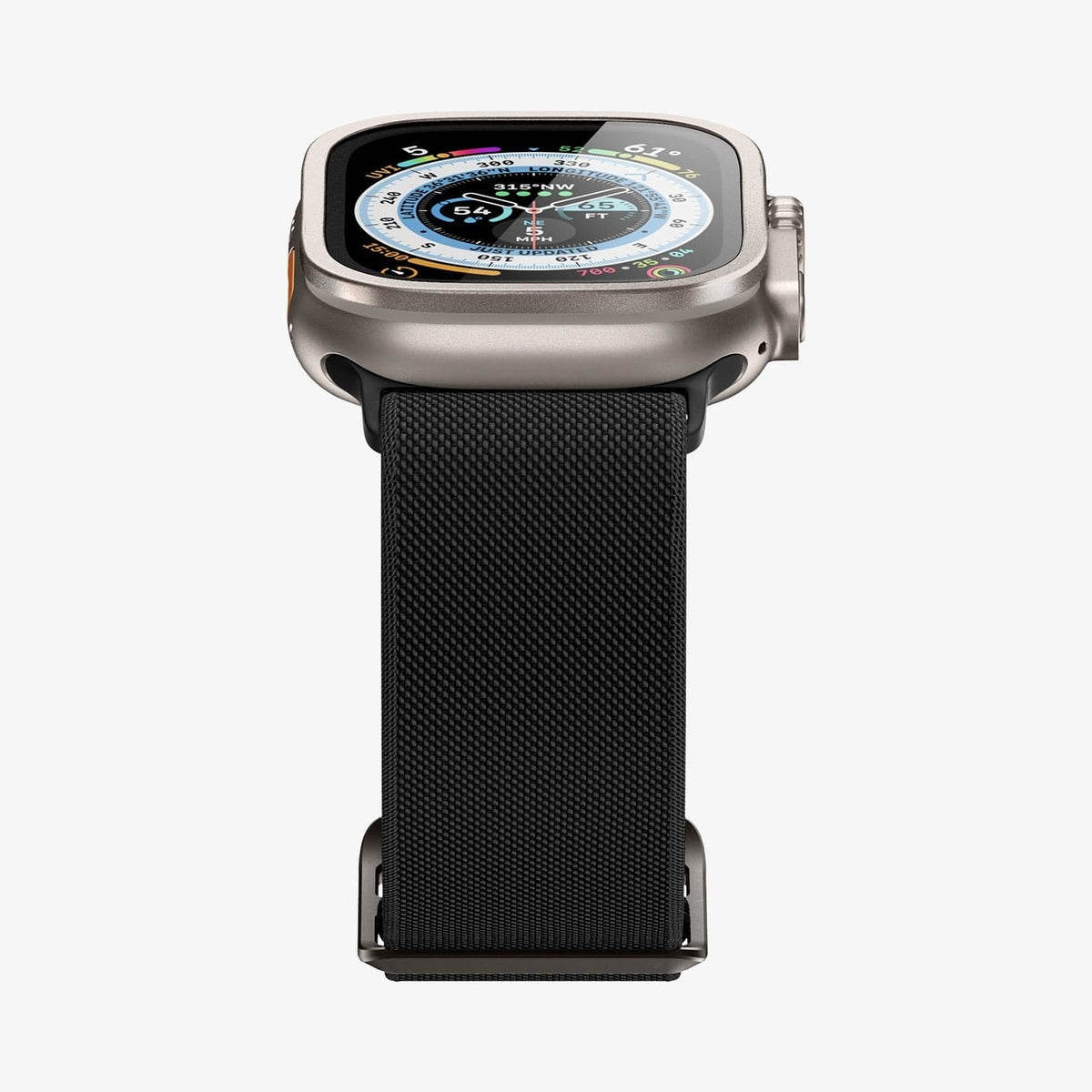 AGL06953  - Apple Watch Ultra (Apple Watch (49mm)) Screen Protector Glas.tR Slim Pro in titanium showing the bottom and partial front