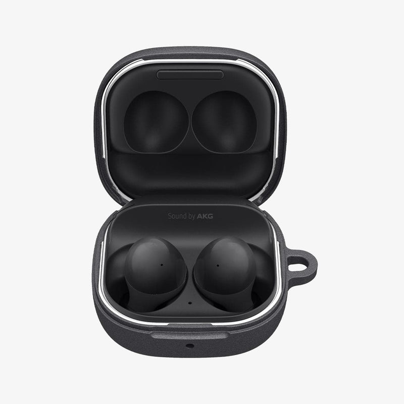 ACS03166 - Galaxy Buds 2 Pro / 2 / Pro / Live Case GeoFit in graphite gray showing the front with top open and earbuds inside
