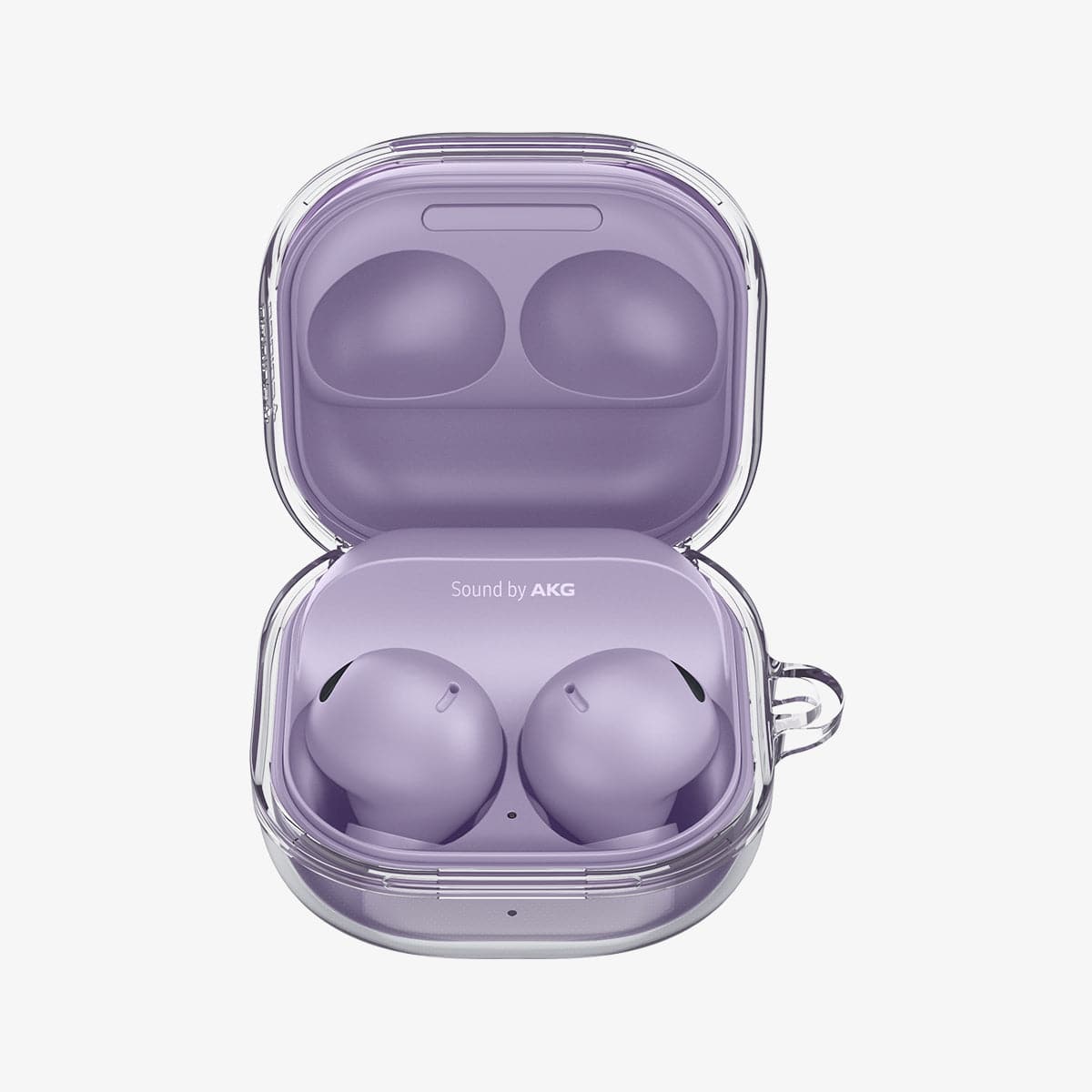 ASD02097 - Galaxy Buds 2 Pro / 2 / Pro / Live Case Ultra Hybrid in crystal clear showing the front with top open and earbuds inside
