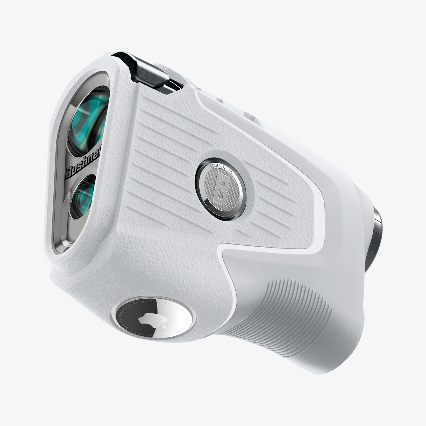 ACS06151 - Bushnell Pro X3 Rangefinder Case Silicone Fit AirTag in light gray showing the side, partial front and bottom with airtag in slot
