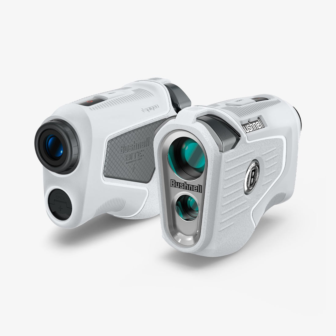 ACS06151 - Bushnell Pro X3 Rangefinder Case Silicone Fit AirTag in light gray showing the back, front and sides