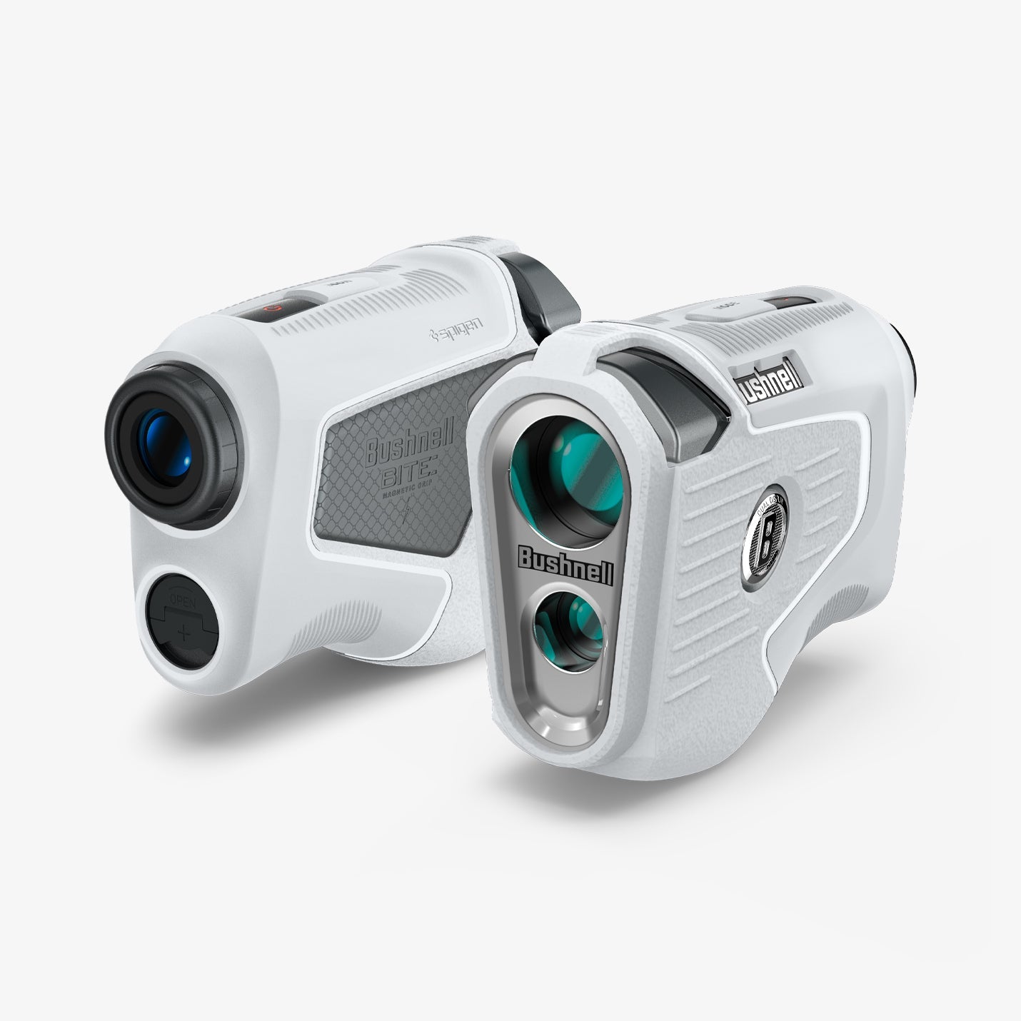 ACS06151 - Bushnell Pro X3 Rangefinder Case Silicone Fit AirTag in light gray showing the back, front and sides