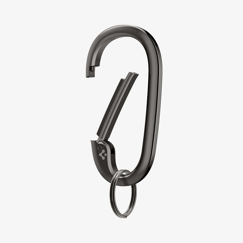 AHP02932 - Carabiner Basic Type in black showing the front and partial side with keyring attached and carabiner open