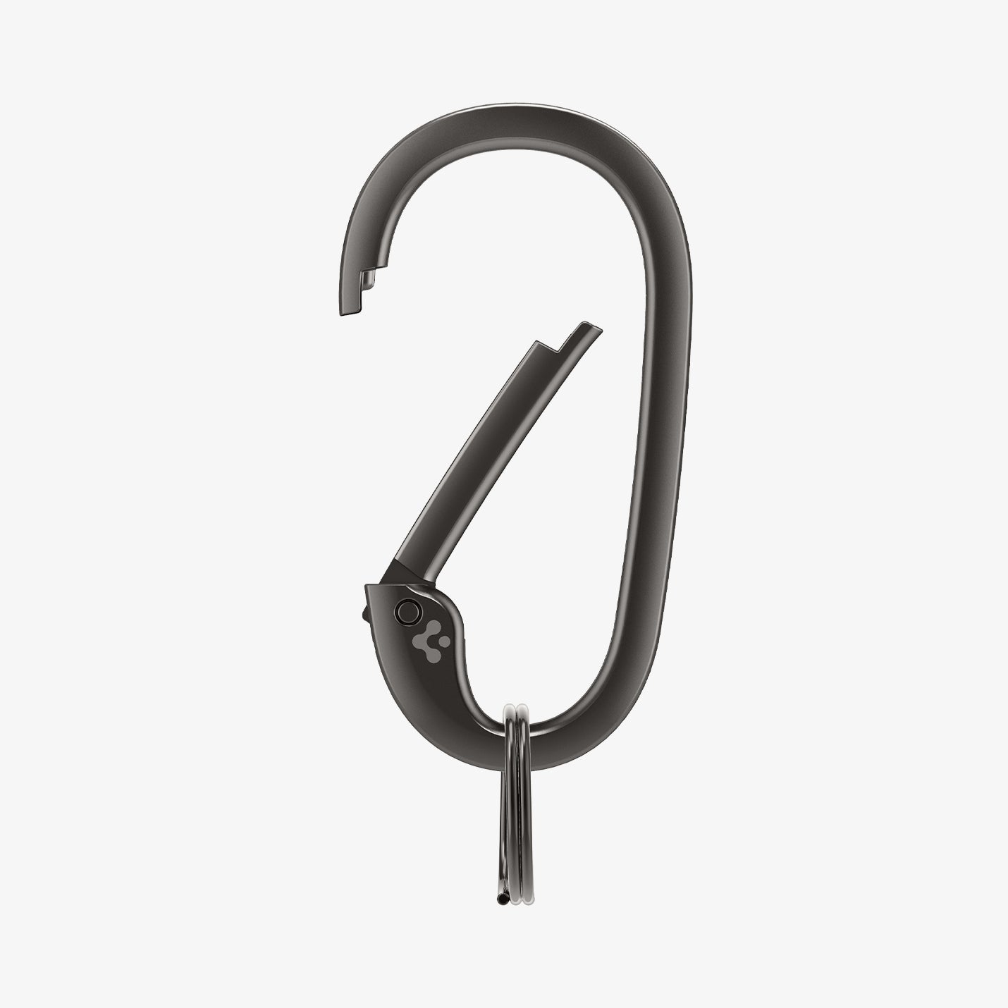 AHP02932 - Carabiner Basic Type in black showing the front with keyring attached and carabiner open