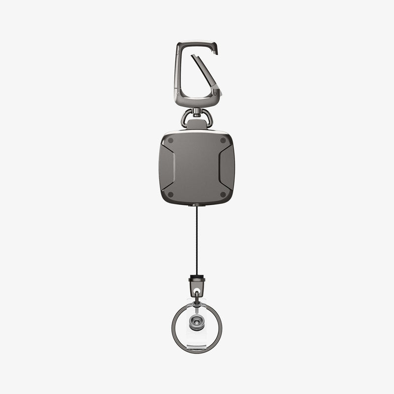 AHP03019 - Carabiner Reel Clip in black showing the back with reel clip extended out slightly and carabiner open