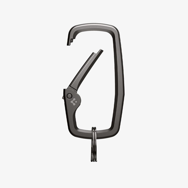 AHP02933 - Carabiner Rugged Type in black showing the front with keyring attached and carabiner open