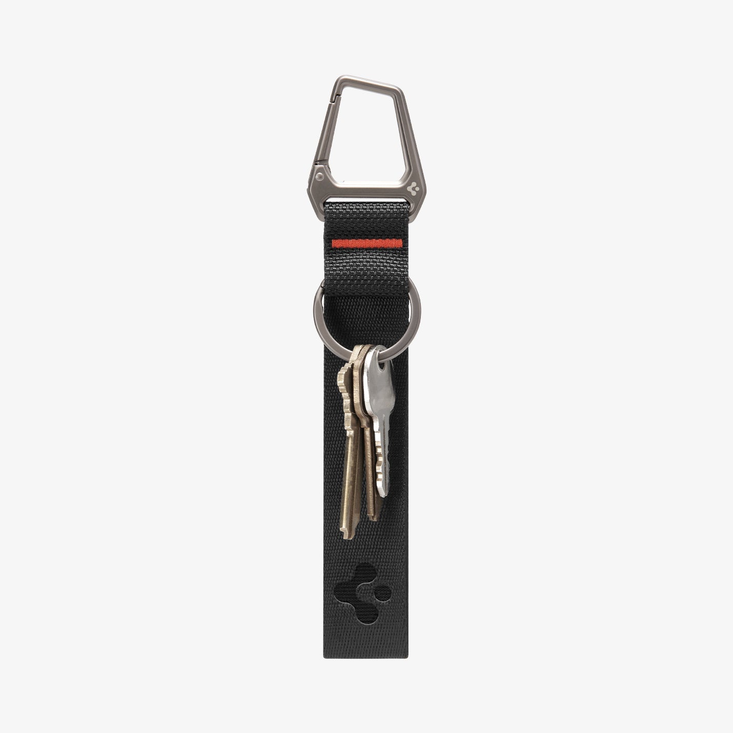 AHP05472 - Carabiner Black Strap + Key Ring showing the front with keys attached