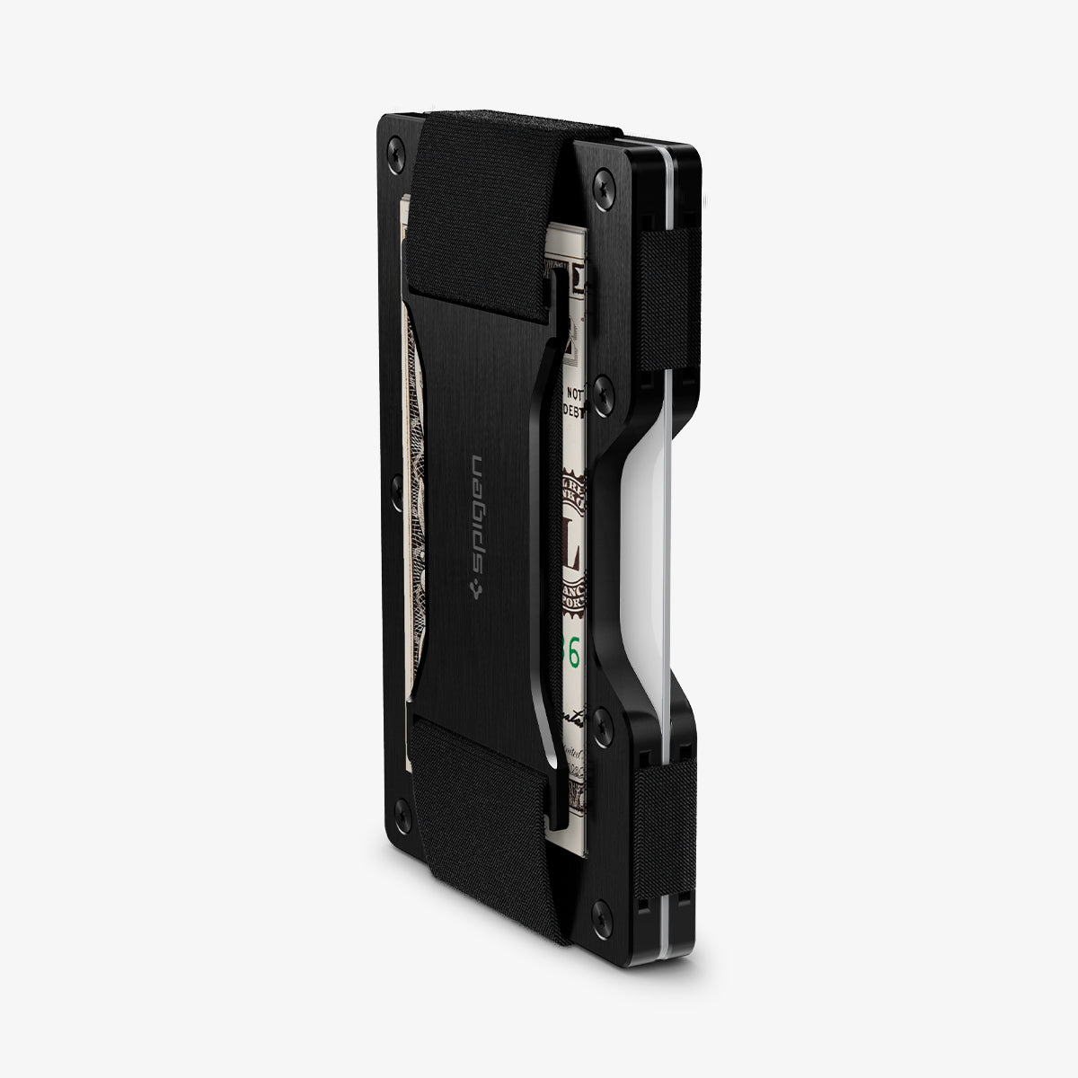 AMP02898 - Card Holder Wallet S in black showing the side and partial back with money in clip