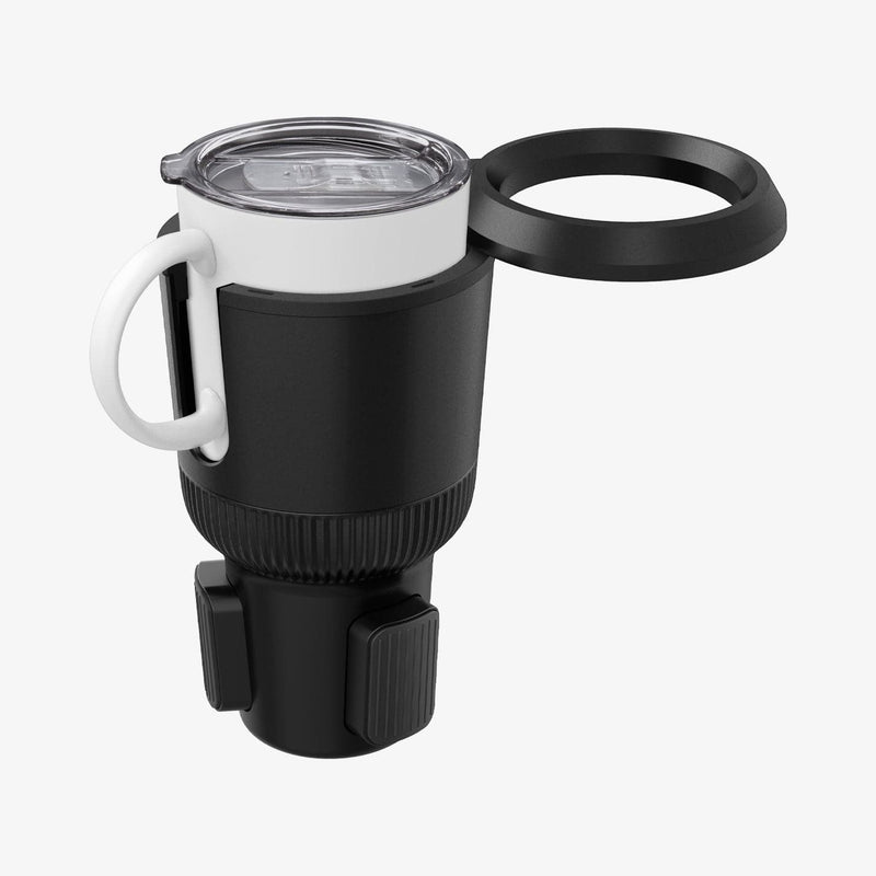 ACP02235 - CH100 Hydrohub Cup Holder Adapter in black showing the cup holder and adjustable top cup slot extended out and cup inside