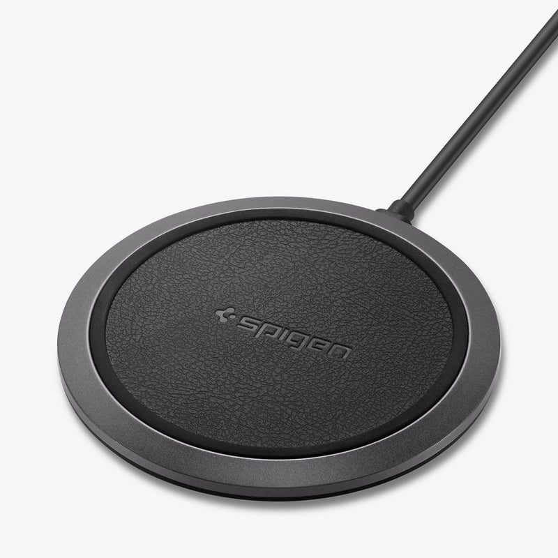 000CH23122 - Essential® Leather Designed 10W Wireless Charger F308W in black showing the top and partial front