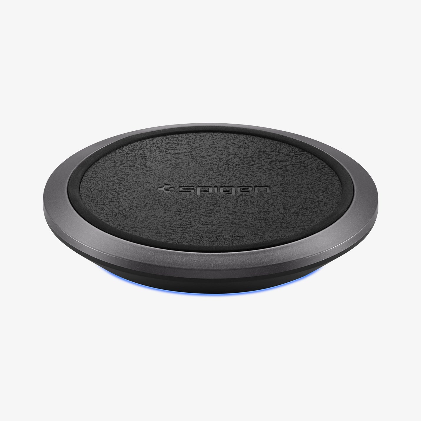 000CH23122 - Essential® Leather Designed 10W Wireless Charger F308W in black showing the top and front with blue light underneath