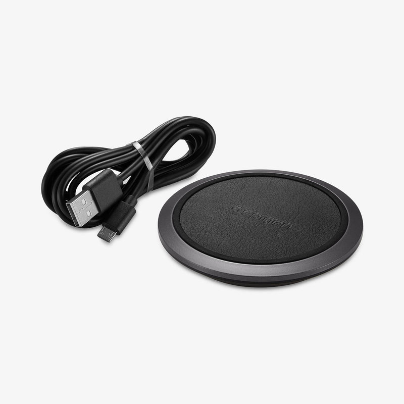 000CH23122 - Essential® Leather Designed 10W Wireless Charger F308W in black showing the top and side with charging cable organized next to it