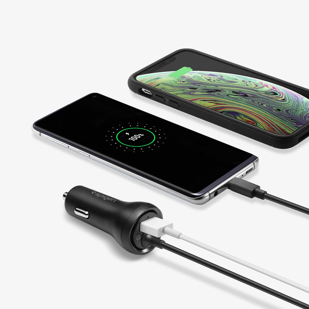 000CP25596 - SteadiBoost™ Built-in USB-C PD3.0 Car Charger showing the car charger charging two devices at once