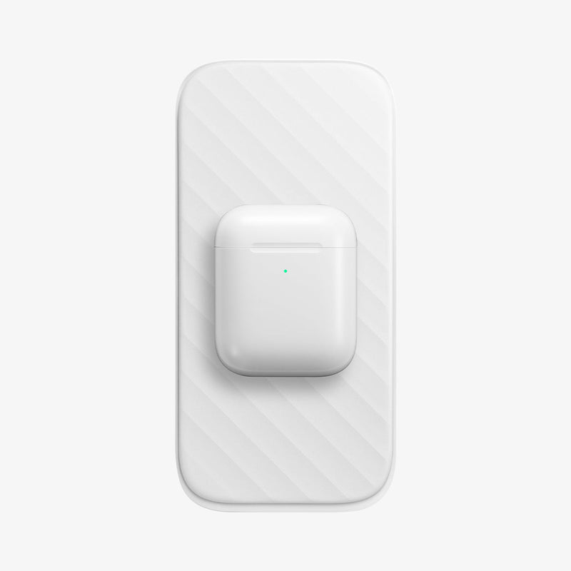 ACH00257 - SteadiBoost™ Flex 15W Wireless Charger F316W in white showing the top view of stand fully flat and airpods on top