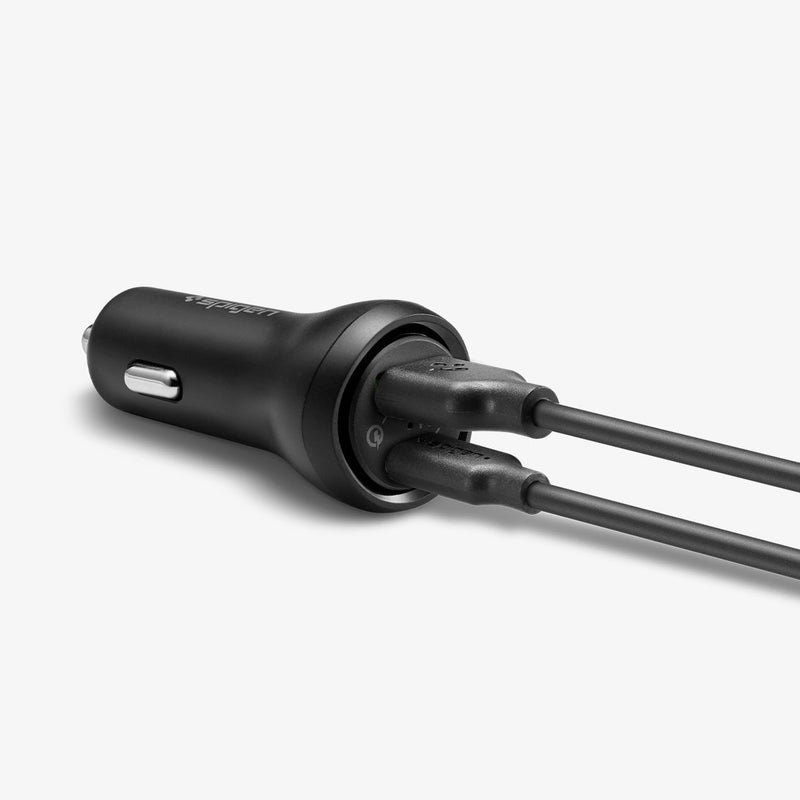 000CP25597 - SteadiBoost™ USB-C PD3.0 Car Charger showing the front with two charging cables inserted