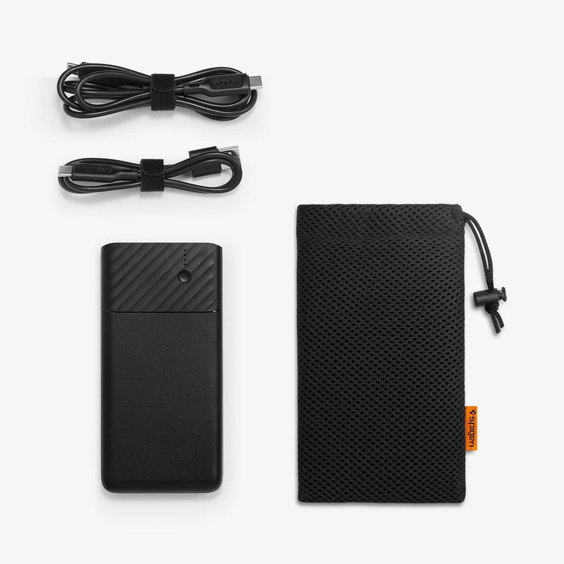 000BA26139 - PocketBoost™ 10,000mAh 18W Portable Charger F732QC in black showing what's included: 10000mAh PD Portable Charger, USB-C to USB-C Cable (1m), USA-A to USB-C Cable (0.5m), Travel Pouch.